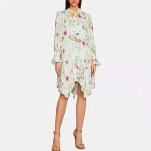 BCBGMAXAZRIA White Botanical Floral Print Tie Neck Mini Shift Dress Sz S